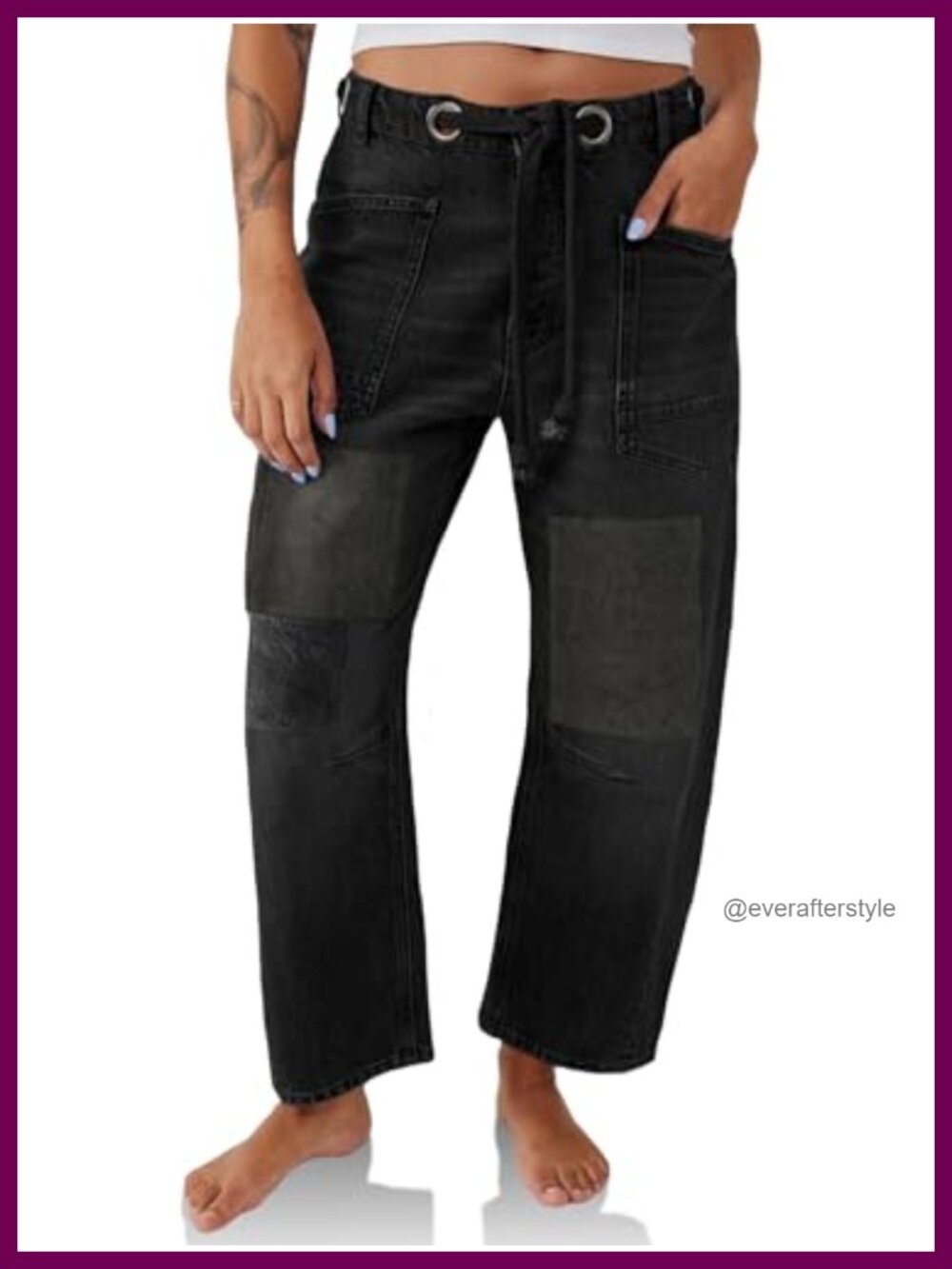 Womens Baggy Barrel Horseshoe Patchwork Wide Leg Low Rise Denim Pants with